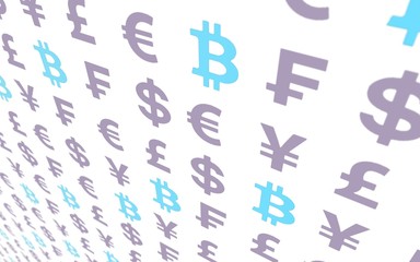 Bitcoin and currency on a white background. Digital crypto currency symbol. Business concept. Market Display. 3D illustration