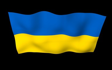 The flag of Ukraine on a dark background. National flag and state ensign. Blue and yellow bicolour. 3D illustration waving flag