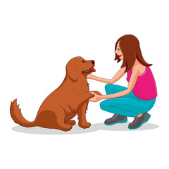 The girl communicates with the dog that sits. Dog training. Dog Caring. Stock Vector Illustration