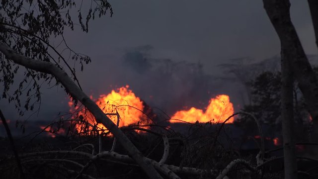 Kilauea Volcano Eruption 2018 - Erupting Fissures Spew Lava At Twilight