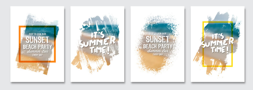Vector paint brush clipping masks for summer flyer, holidays  brochure, banner, poster design. Beach summer blur background.