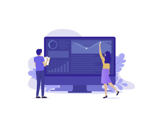 Woman and man standing near PC with graphs and diagrams on the screen. Finance statistics report, statistic analysis. Modern UI flat illustration. Office, bookkeeping objects concept. Purple design.