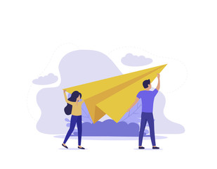 Modern UI flat illustration. Businessman throwing paper plane with woman.  Business success concept image. 
