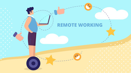 Young Man Riding Hoverboard with Laptop in Hands