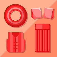 Modern flat icons vector collection with shadow effect. Isolated on colored background. Inflatable vest, mattress, lifebuoy and armbands. Summer theme.