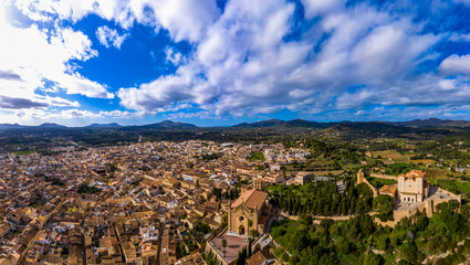 Aerial view, Arta with Parish Church of Transfiguracio del Senyor and Santuari de Sant Salvador...