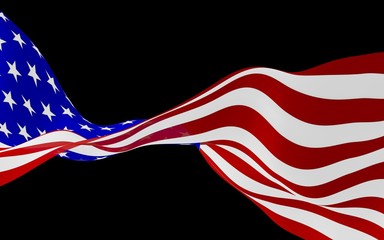 Waving flag of the United States of America on a dark background. Stars and Stripes. State symbol of the USA. 3D illustration