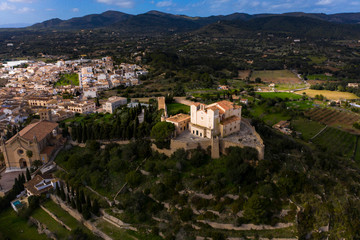 Fototapeta na wymiar Aerial view, Arta with Santuari de Sant Salvador Monastery on Calvary, Mallorca, Balearic Islands, Spain, Europe