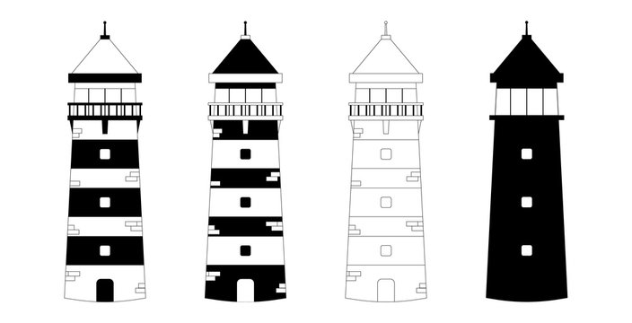 Black and white lighthouses set. Simple style. Silhouette. Vector illustration.