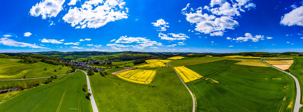 Aerial view, agriculture with cereal fields and rapeseed cultivation, Usingen, Schwalbach, Hochtaunuskreis, Hesse, Germany