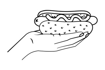 hand holding hot dog black and white