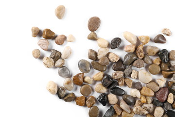 Colorful, decorative pebbles, rocks isolated on white background, top view