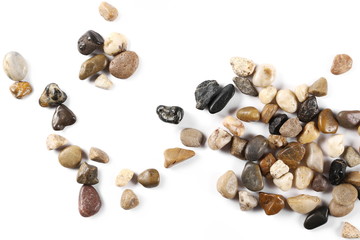 Colorful, decorative pebbles, rocks isolated on white background, top view