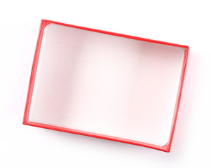 Open and empty red gift box isolated on white background, top view