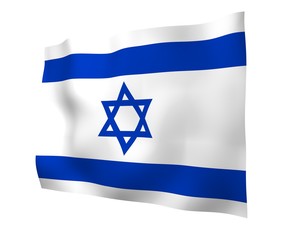 The flag of Israel. State symbol of the State of Israel. A blue Star of David between two horizontal blue stripes on a white field. 3d illustration