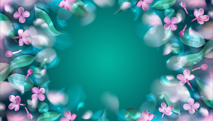 Green mystery spring background with magic purple blurred flower petals and leaves vector illustration