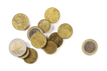 Euro coins, money isolated on white background, top view