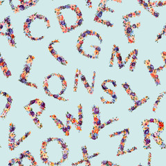 Floral Watercolor Alphabet Seamless Pattern, Summer Natural Letters