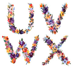 Floral Watercolor Alphabet Set, Letters U V W X Made of Flowers.