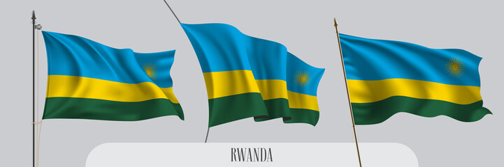 Set of Rwanda waving flag on isolated background vector illustration