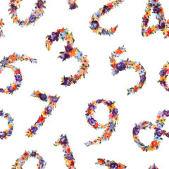 Watercolor Floral Number Seamless Pattern on White Background.