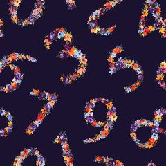 Watercolor Floral Number Seamless Pattern on Black Background.