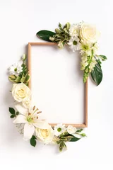 Zelfklevend Fotobehang Frame of rose, lily, gerbera flowers over white background. Valentines day, Woman day concept. Spring or summer banner with copy space. Banner © jchizhe