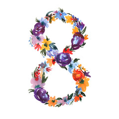 Watercolor Floral Number 8 Isolated on White Background.