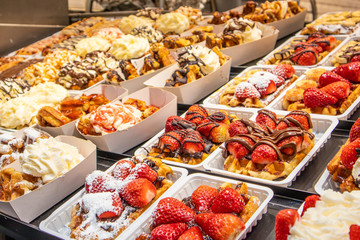 Showcase with Traditional Belgian waffels in Bruges, Belgian