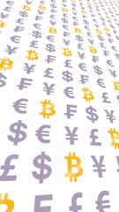 Bitcoin and currency on a white background. Digital crypto currency symbol. Wave effect, currency market fluctuations. Business concept. 3D illustration