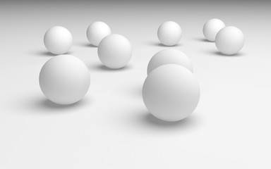 White abstract background. Set of white balls isolated on white backdrop. 3D illustration