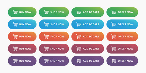 Ecommerce shop buttons modern set - Buy now, Shop now, Add to cart, Order now gradient action button