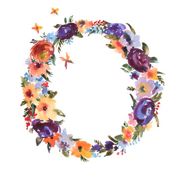 Floral Watercolor Letter O Made of Flowers, Isolated Summer Letter on White Background