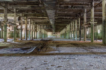 Vast empty space filled with dust and peeling paint left forgotten in an abandoned factory