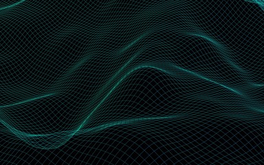 Abstract landscape background. Green cyberspace grid. hi tech network. 3D illustration
