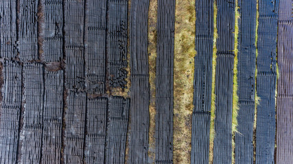 Aerial view of harvested peat bog