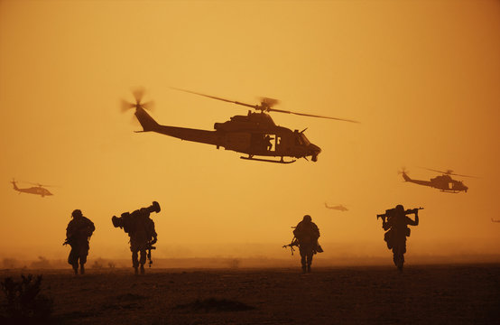 The war is over and military troops, machines and helicopters on the way to return home