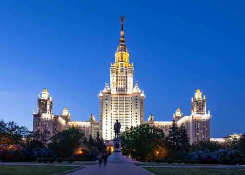 Lomonosov Moscow State University (MSU) on Sparrow Hills (at night), main building, Russia. It is the highest-ranking Russian educational institution