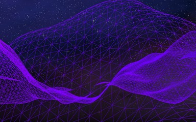 Abstract ultraviolet landscape on a dark background. Purple cyberspace grid. hi tech network. Outer space. Violet starry outer space texture. 3D illustration