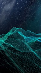 Abstract landscape on a dark background. Cyberspace grid. hi tech network. Outer space. Vertical orientation. Starry outer space texture. 3D illustration