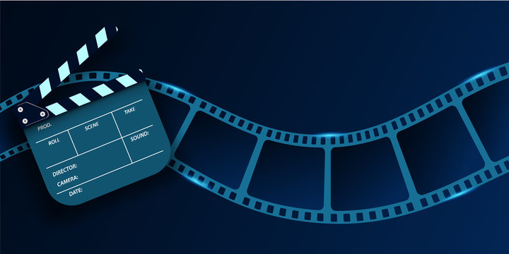 Cinema Flyer Or Poster with Film Strip wave and Clapper Board. 3d movie art blank isolated on blue background. Template For Your Design. Cinematography concept of film industry. Vector illustration.