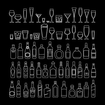 bottles and glasses line white icon set vector illustration. Holiday celebration. Alcohol drinks on black background. art