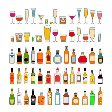 Set Of Alcohol Drinks In Glasses Isolated On White Background Vector Illustration. Holiday Celebration.