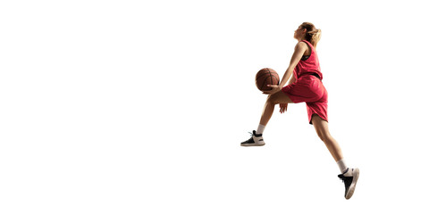 Obraz na płótnie Canvas Isolated Female basketball player makes slam dunk. Basketball players on white background