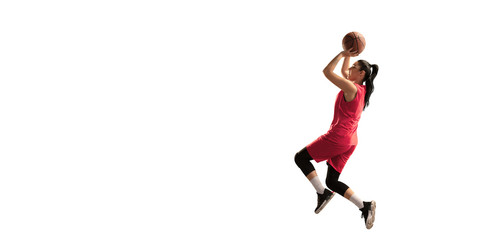 Fototapeta na wymiar Isolated Female basketball player makes slam dunk. Basketball players on white background