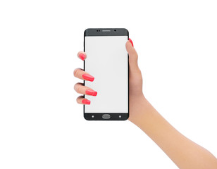 Female hand holding black cellphone with white screen 3d render on white