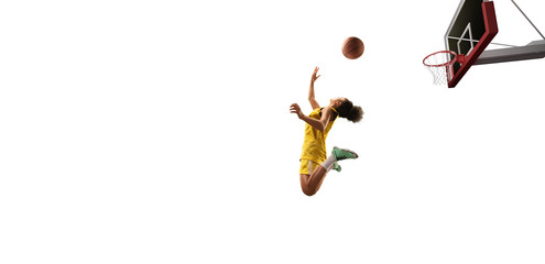 Isolated Female basketball player makes slam dunk. Basketball players on white background © Alex