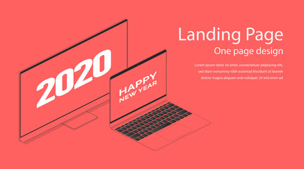 Happy new year 2020 website landing page design template. Flat isometric modern monitor and notebook illustration. One red color