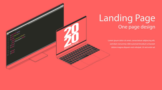 Happy new year 2020 web landing page design template. Flat isometric modern monitor and notebook illustration. Internet HTML code.