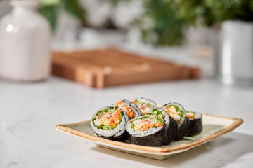 Korean roll Gimbap(kimbob) made from steamed white rice (bap) and various other ingredients